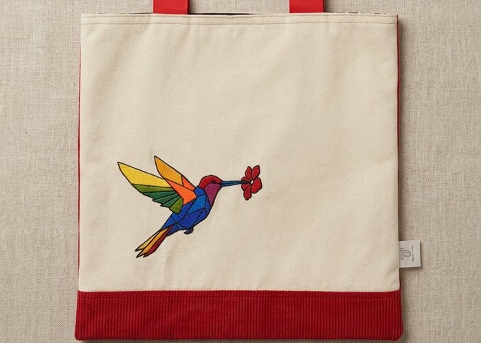 A Trace Totes beige canvas flat-lay tote bag featuring a vibrant, multi-colored geometric stained-glass style hummingbird embroidery at the bottom, red webbing handles, and a red corduroy bottom band, set against textured oatmeal linen.