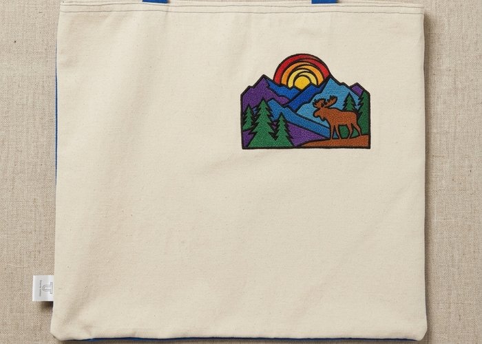 Trace Totes natural canvas tote bag featuring bright blue handles and a colorful embroidered mountain scene with a moose and sunset patch on the front right corner.