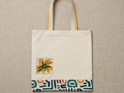 A flat-lay view of a natural-coloured canvas tote bag with yellow straps, featuring an embroidered abstract flower and a colourful geometric patterned band at the bottom, set against an oatmeal-coloured linen background.