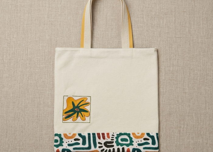 A flat-lay view of a natural-coloured canvas tote bag with yellow straps, featuring an embroidered abstract flower and a colourful geometric patterned band at the bottom, set against an oatmeal-coloured linen background.